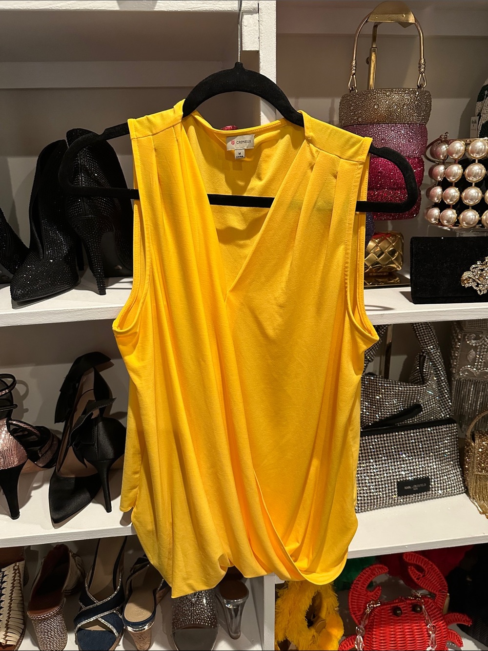 Creamieux Yellow Sleeveless Drape Front Top - Women Wrap Balloon drape top
